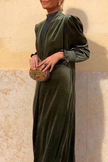 Velvet Puff-Sleeve Stand-Collar Long Coat