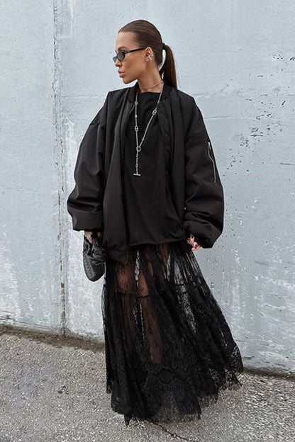 Black Lace Panel Boho Maxi Skirt
