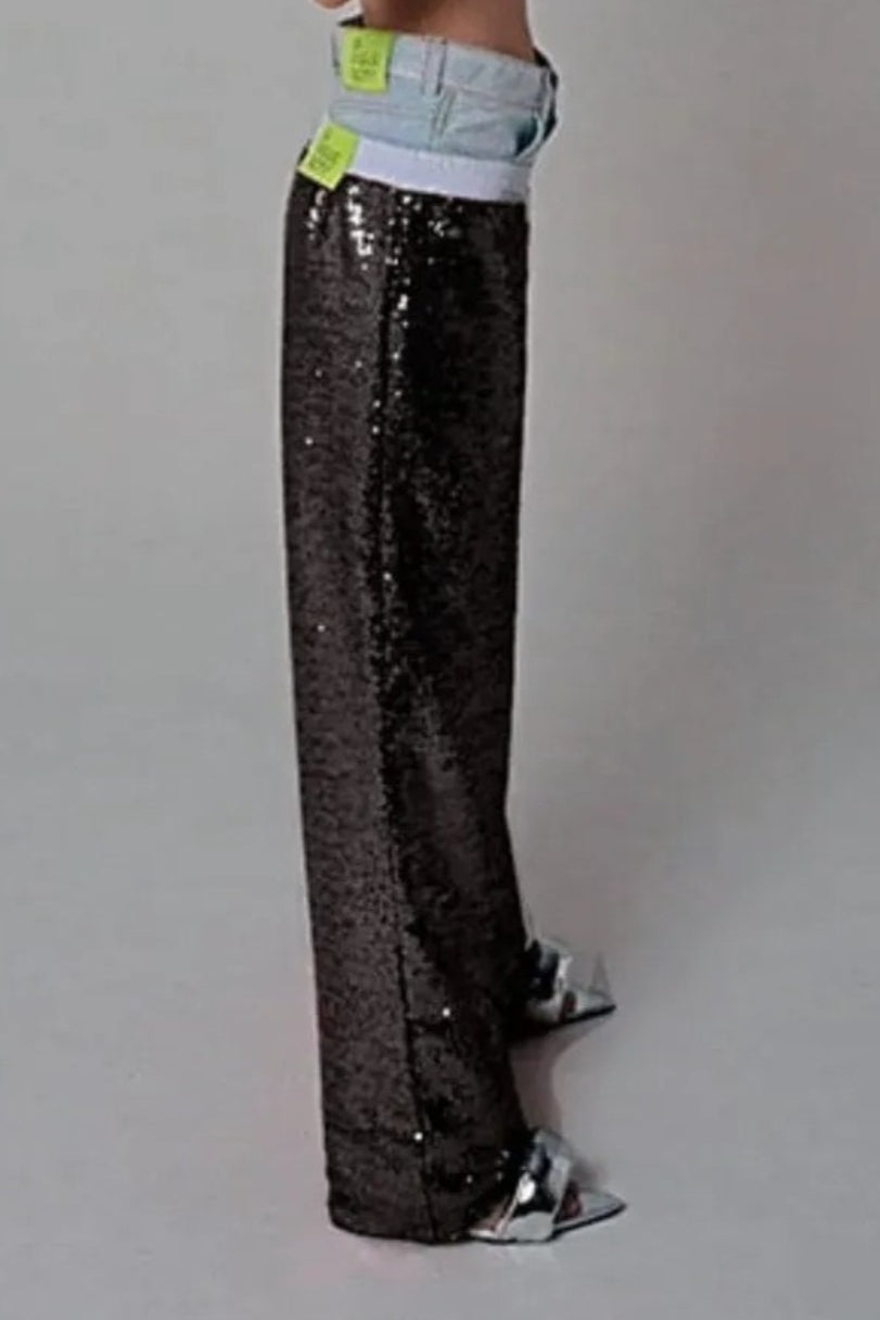 Sequin Color Block Slim Loose Pants