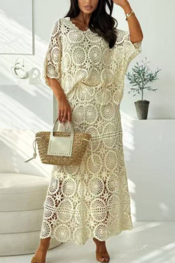 Boho Crochet Lace Two Piece Maxi Dress