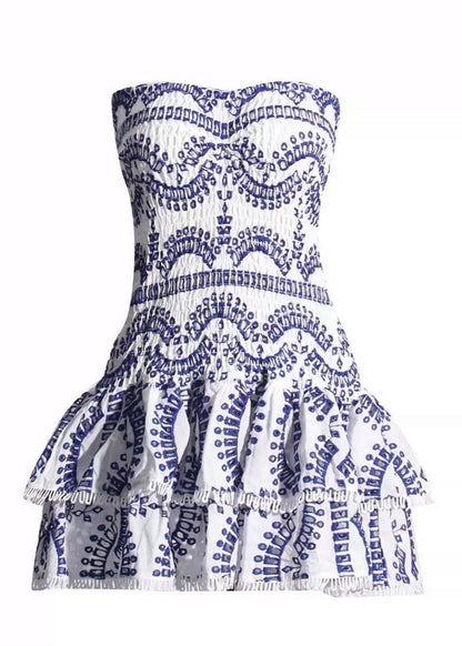 Geometric Print Smocked Strapless Tiered Pom Trim Mini Dress