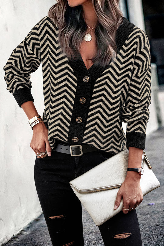 Long Sleeve V Neck Open Front Striped Knit Cardigan Sweaters