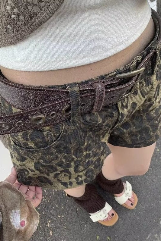 Leopard Print High Waist Wide Leg Denim Casual Shorts