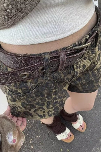 Leopard Print High Waist Wide Leg Denim Casual Shorts