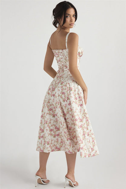 Floral Corset Sweetheart Spaghetti Strap Lace Trim A-Line Midi Dress