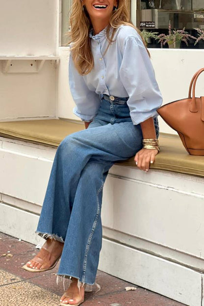 French ruffled stand-up collar loose lantern sleeve Tencel shirt