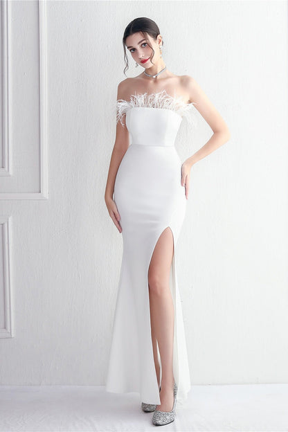 Elegant Feather Trim Strapless Formal Dress