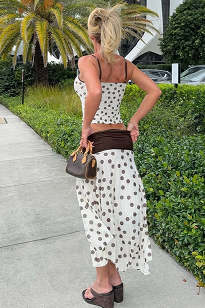 Polka Dot Sleeveless Crop Top High Waist Contrast Skirt Set
