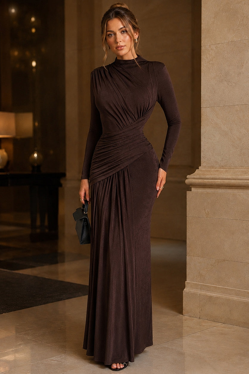 Solid Crew Neck Long Sleeve Ruched Party Dress