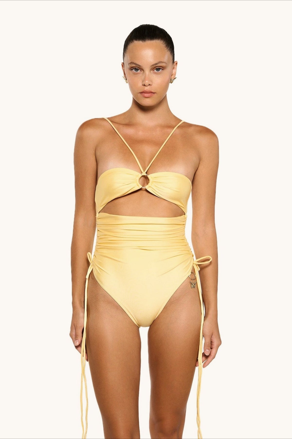Solid Ruched Tie Halter One Piece Swimwear