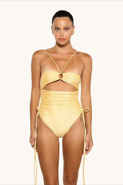 Solid Ruched Tie Halter One Piece Swimwear
