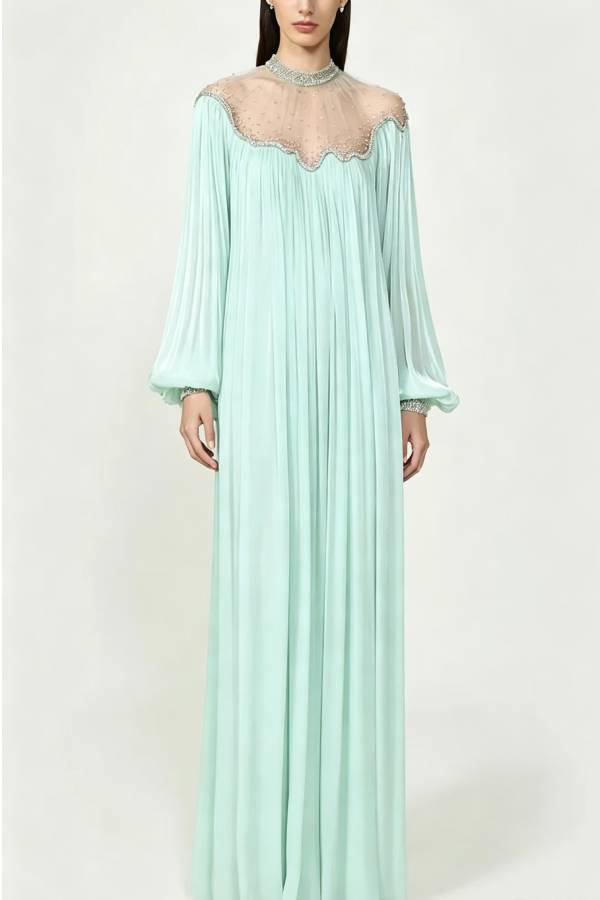 Eileen Georgette Sparkling Crystal Embroidery Detail Balloon Sleeve Kaftan Robe Maxi Dress