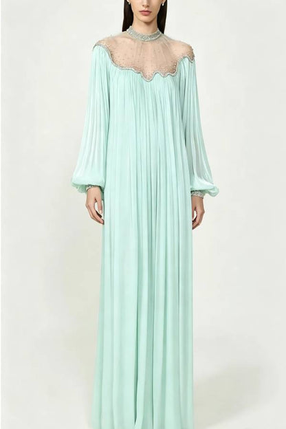 Eileen Georgette Sparkling Crystal Embroidery Detail Balloon Sleeve Kaftan Robe Maxi Dress