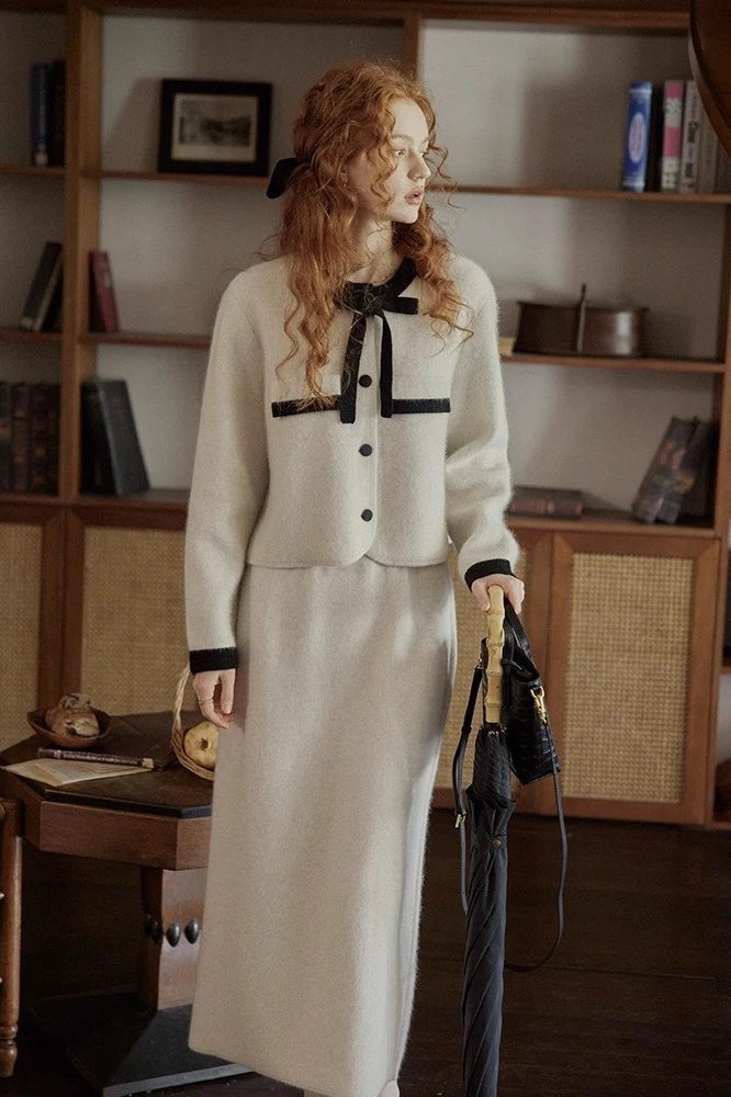 Pastel Color Block Bow Sweater Tweed Suit Set