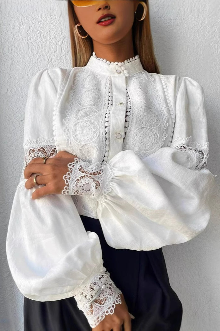 Lace Paneled Lantern Sleeve Blouse