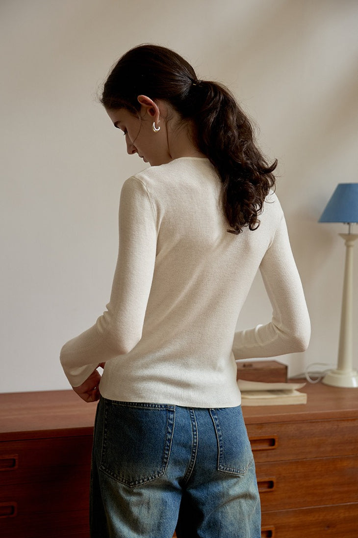 Sheer Panel Slim Wool Knit Top