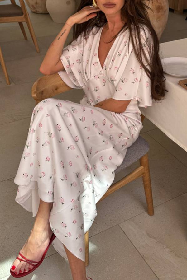 French V-Neck Satin Floral Maxi Dress