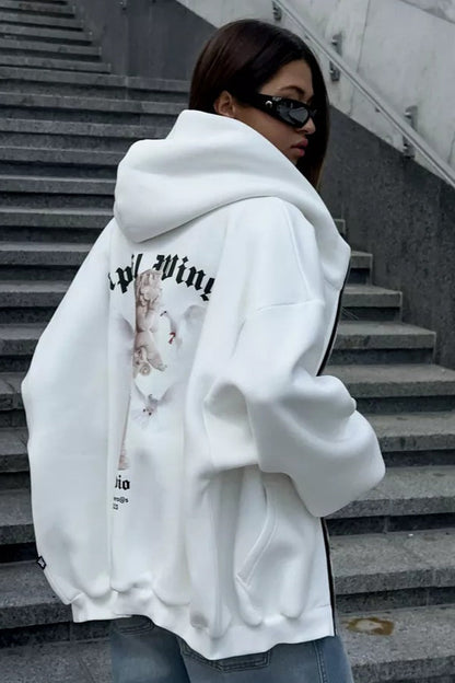 Retro Angel Dove Back Print Zip Hoodie