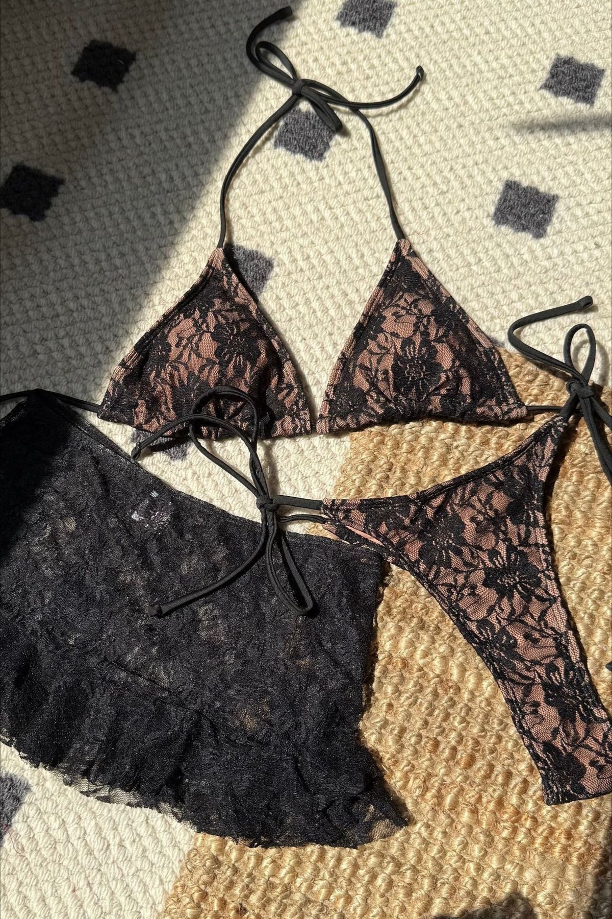 Lace Cutout Halter Tie Three Piece Swim Set