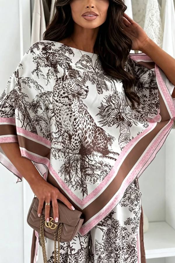 Jungle Themed Satin Unique Print Cape Top and Elastic Waist Pocket Wide Leg Pants Set