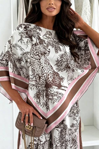 Jungle Themed Satin Unique Print Cape Top and Elastic Waist Pocket Wide Leg Pants Set