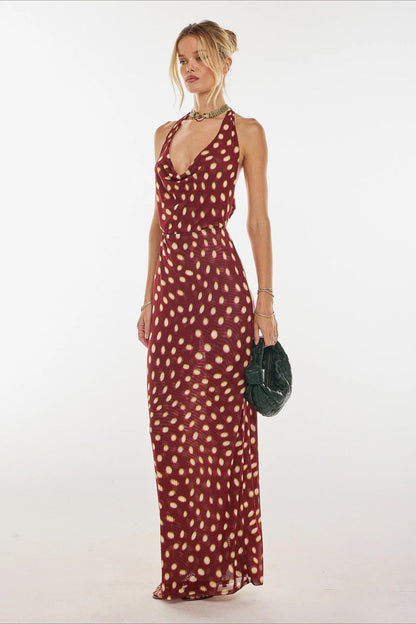 Abstract Spotted Print Halter Neck Cowl Drape Maxi Dress