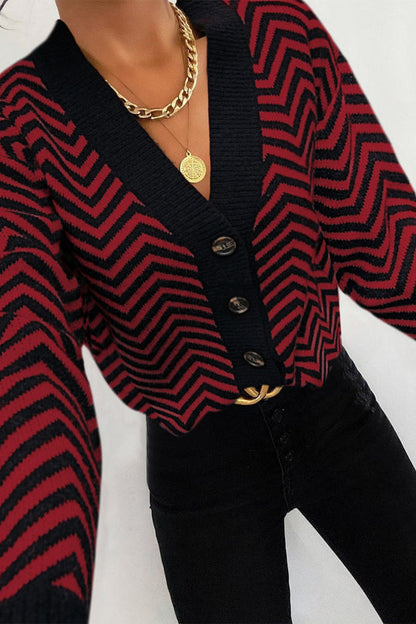 Long Sleeve V Neck Open Front Striped Knit Cardigan Sweaters