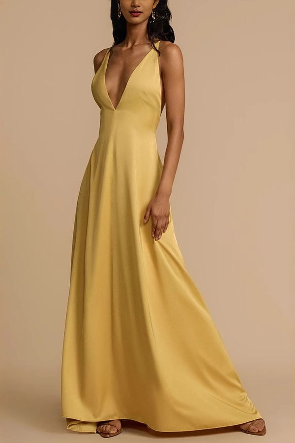 Satin Deep V Backless Maxi Silk Dress