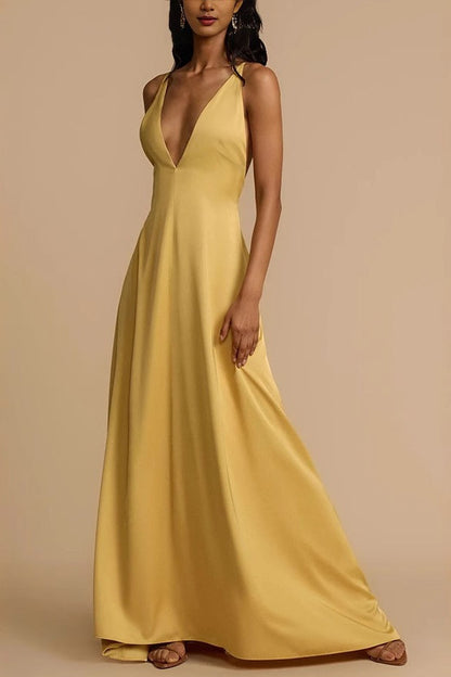 Satin Deep V-Neck Plunge A-Line Maxi Formal Gown