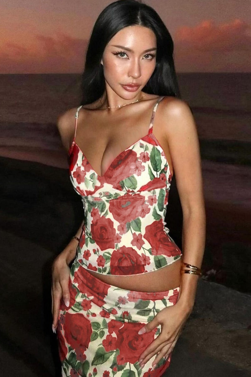 V Neck Floral Print Bodycon Maxi Skirt Set