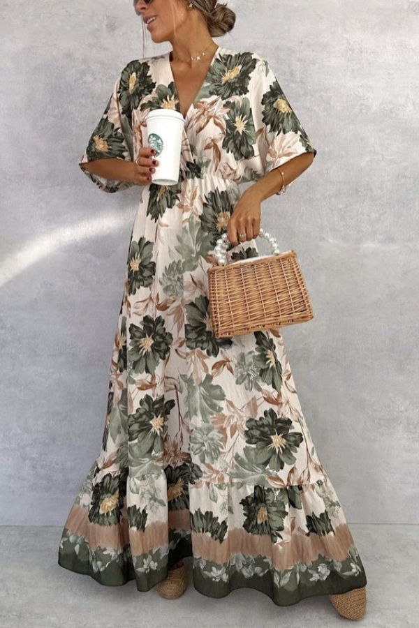 Retro V-neck Printed Short-sleeved Waist-length Maxi Dress