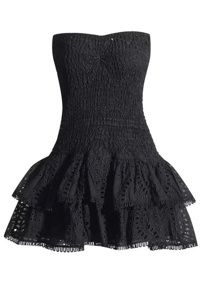 Geometric Print Smocked Strapless Tiered Pom Trim Mini Dress