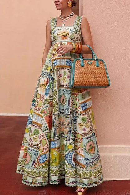 Sea Calling Linen Blend Unique Print Scalloped Detail Back Smocked Pocket Maxi Dress