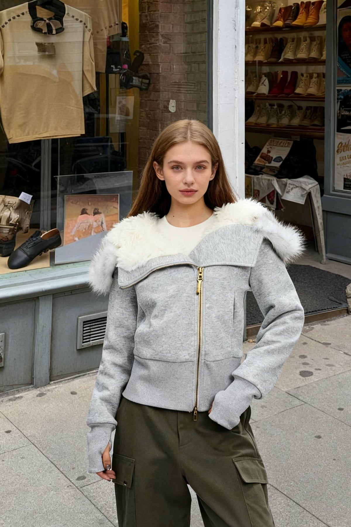 Fleece-Lined Hooded Fur-Collar Zip Short Jacket