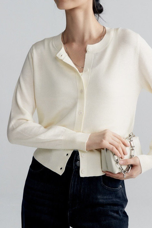Solid Color Round Neck Knit Cardigan