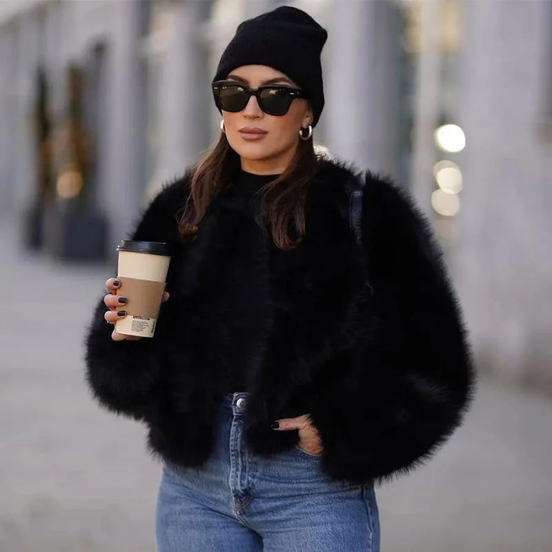 Solid Faux Graceful Fur Collar Jacket