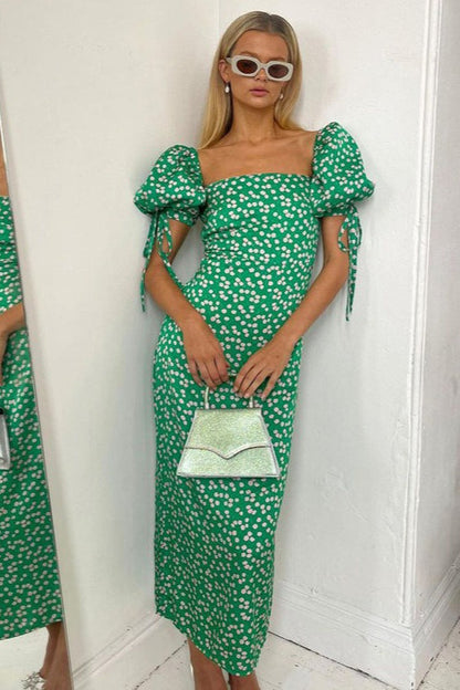Off Shoulder Puff Sleeve Slim Floral Dress