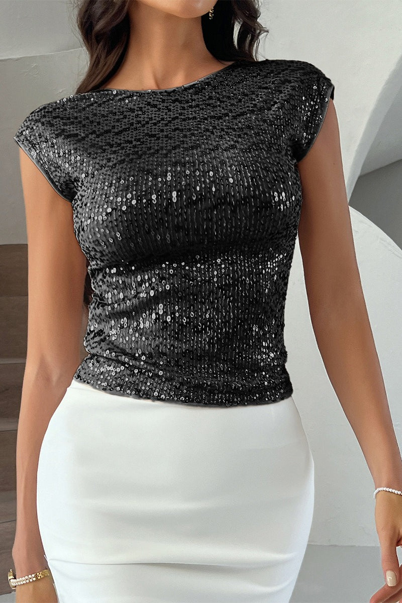 Sequin Backless Short Sleeve Tank Top