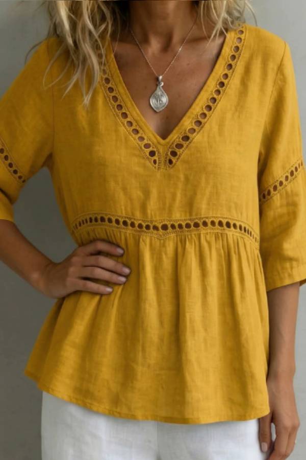 Boho Eyelet Embroidery V‑Neck Babydoll Blouse