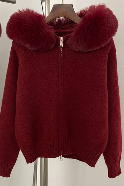 Fur-collar zip-up cardigan