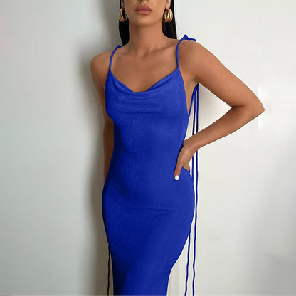 Rib Knit Tie Strap Cowl Back Side Cutout Column Maxi Dress