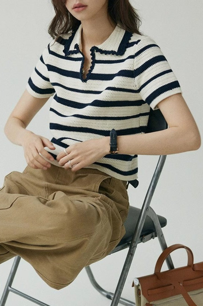 Color Block Stripe Polo Knit Top