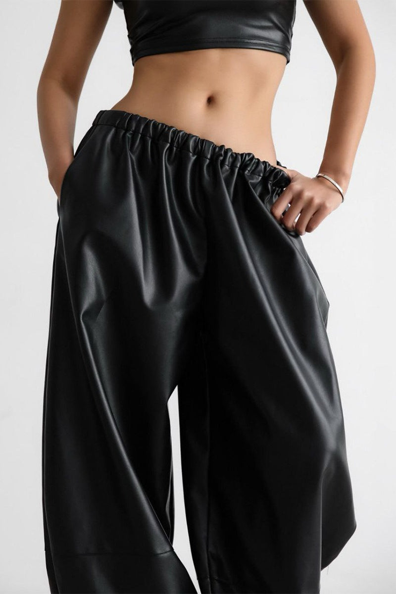 Drawstring Cuff PU Leather Relaxed Pants
