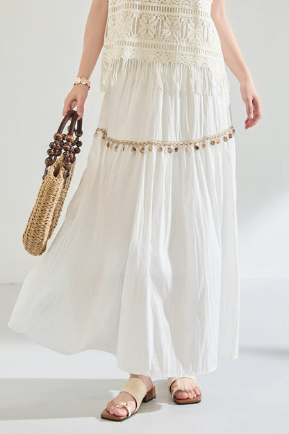 Minimal Shell Detail Fringe Patchwork Boho Skirt