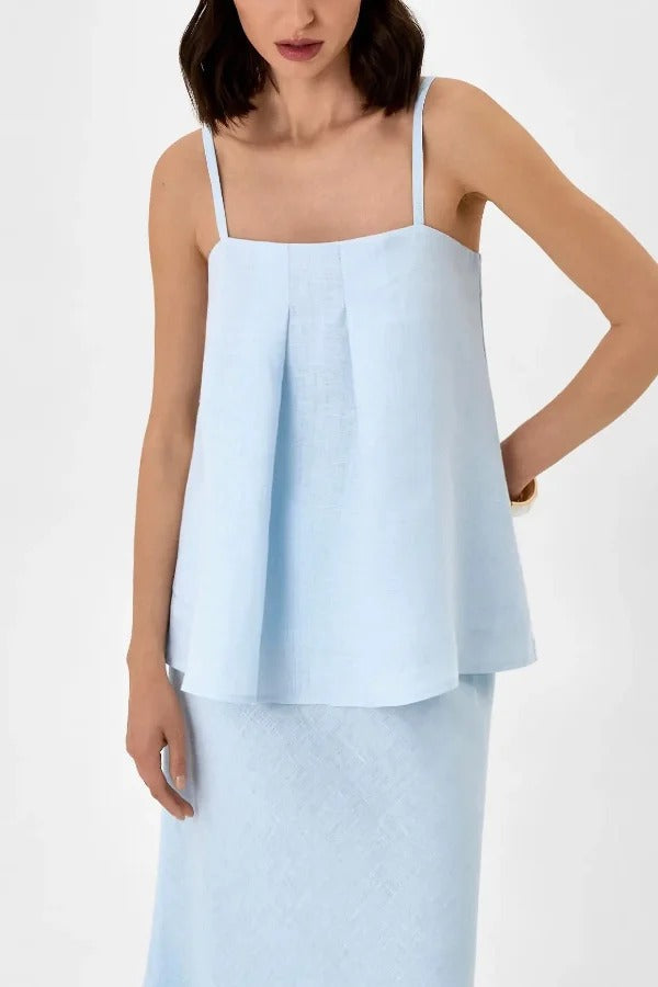 Linen Blend Loose Square Neck Camisole Top and Elegant Resort Maxi Skirt Set
