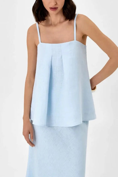 Linen Blend Loose Square Neck Camisole Top and Elegant Resort Maxi Skirt Set
