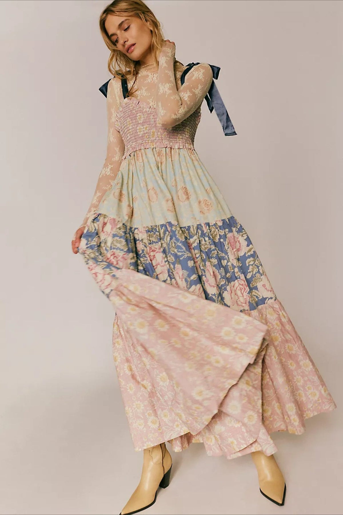 Light Tone Printed Patchwork Maxi Boho Dress