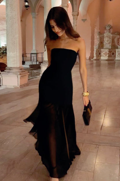 Strapless Sheer Mesh Overlay Bodycon Illusion Maxi Dress