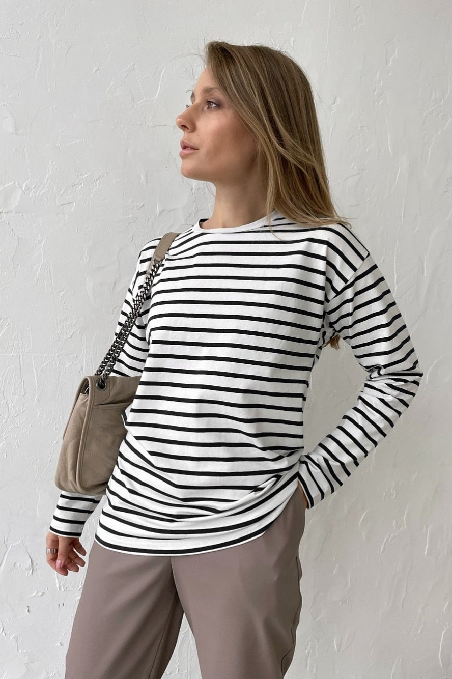 Cotton Striped Crew Neck Long Sleeve Tee