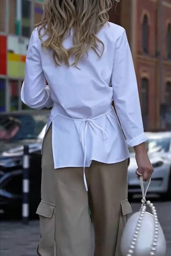 Unique Street Button Up Long Sleeve Slit and Tie-up Hem Blouse